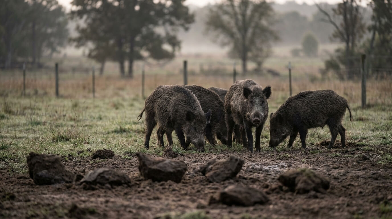 Feral hogs near pasture land showing rooting damage, illustrating the challenges of feral hog control.