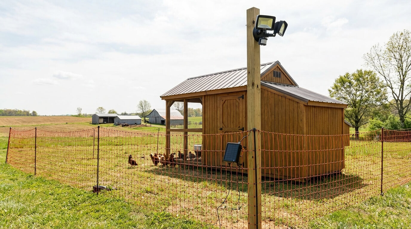 Chicken coop with electric poultry netting, secure fencing, and motion-activated lighting to stop coyotes from killing chickens