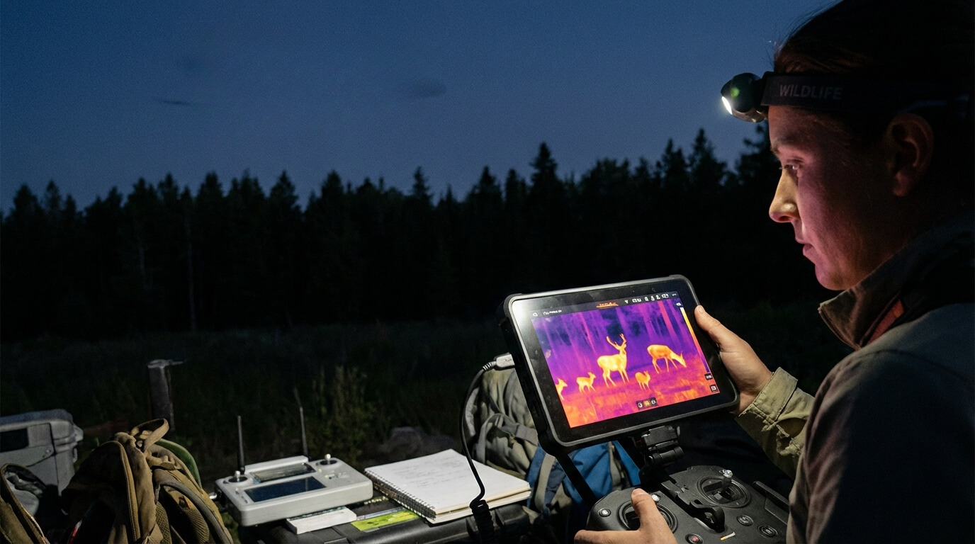 Thermal imaging drone used for wildlife monitoring during nocturnal field surveys