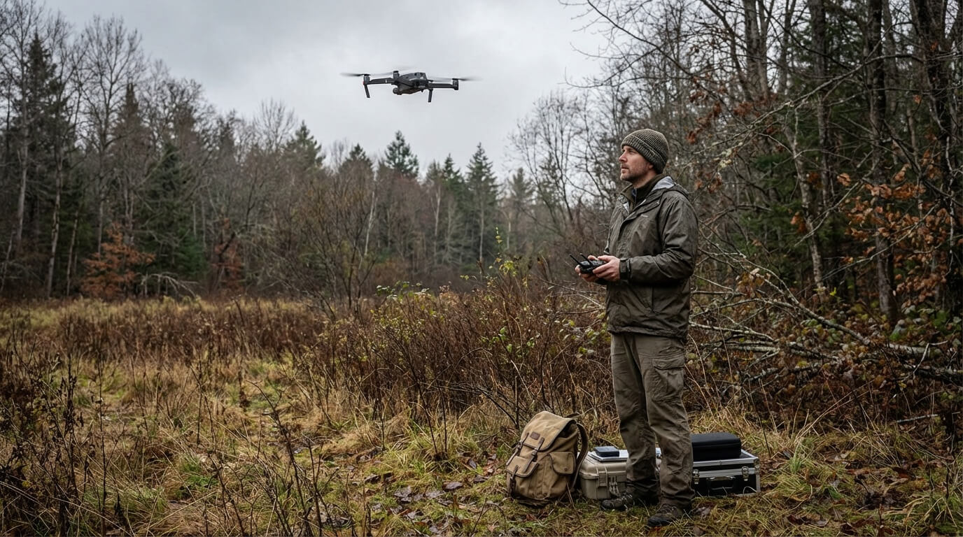 Drone wildlife survey conducted by field researchers under real-world environmental conditions near forest habitat.