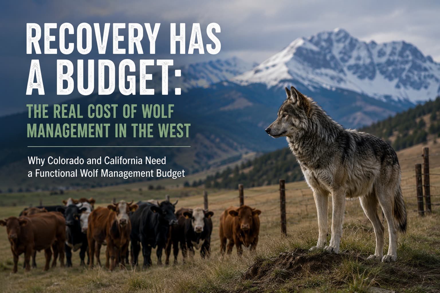 Wolf standing near cattle in a western mountain pasture, representing wolf recovery funding, livestock conflict, and compensation costs.